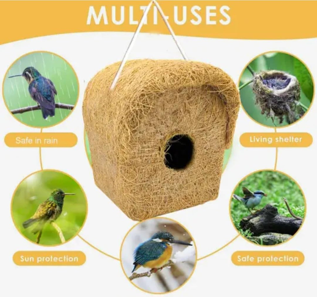 Handmade Natural Grass Bird Nest House, Hanging Birdhouse with Rope, Square Shape for Sparrows