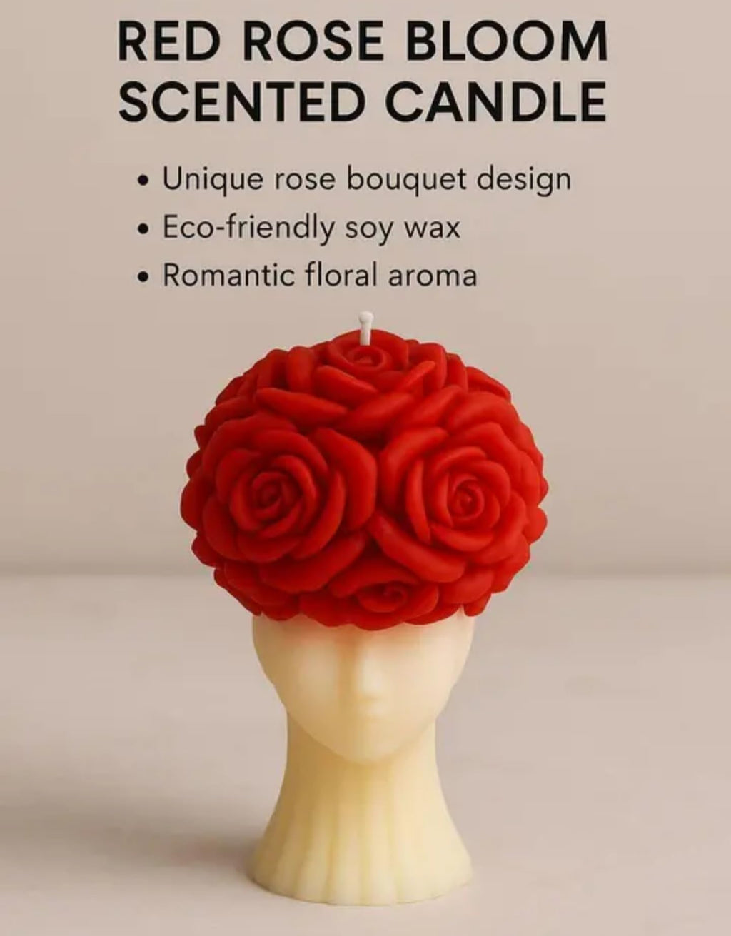 Decorative Red Rose Ball Candle, Handcrafted Floral Design, Cream Ceramic Base, Romantic Home Decor