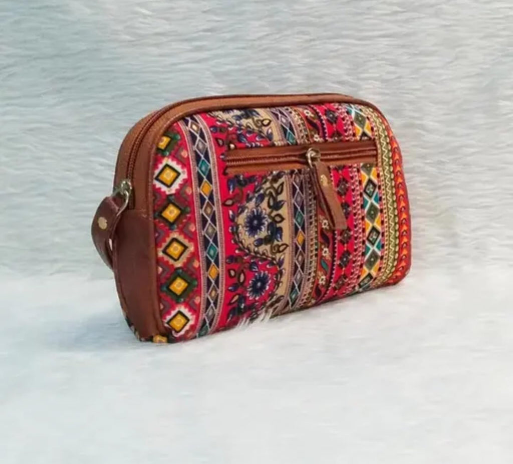 Boho Tribal Print Cosmetic Bag with Brown Leather Trim, Multi-Coloured Aztec Pattern, Travel Makeup Pouch