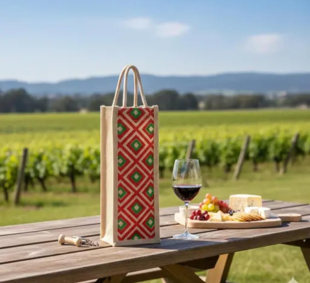 Jute Wine Bottle Tote Bag, Red and Green Diamond Pattern, Natural Burlap, Single Bottle Carrier