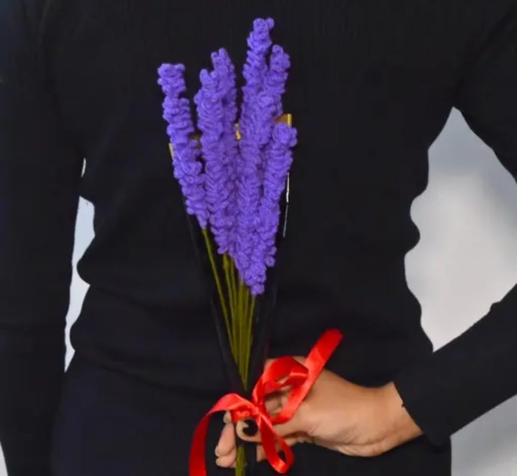 Artificial Lavender Bouquet, Purple Crochet Flowers, Gift Wrapped with Red Ribbon, Home Decor