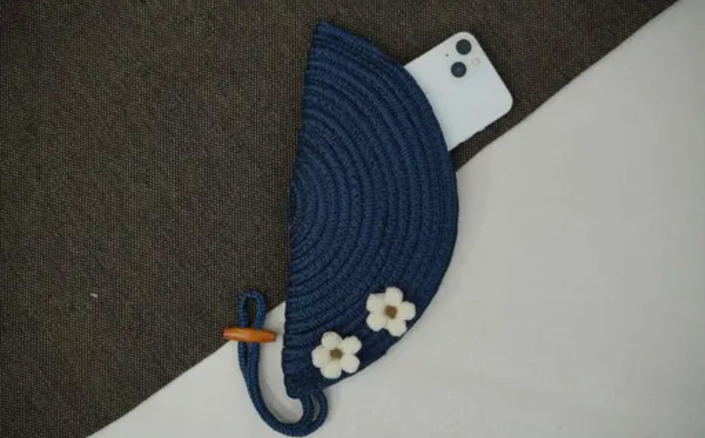 Handcrafted Cotton Fan Clutch, Navy Blue with White Floral Accents, Pearl Button Detail