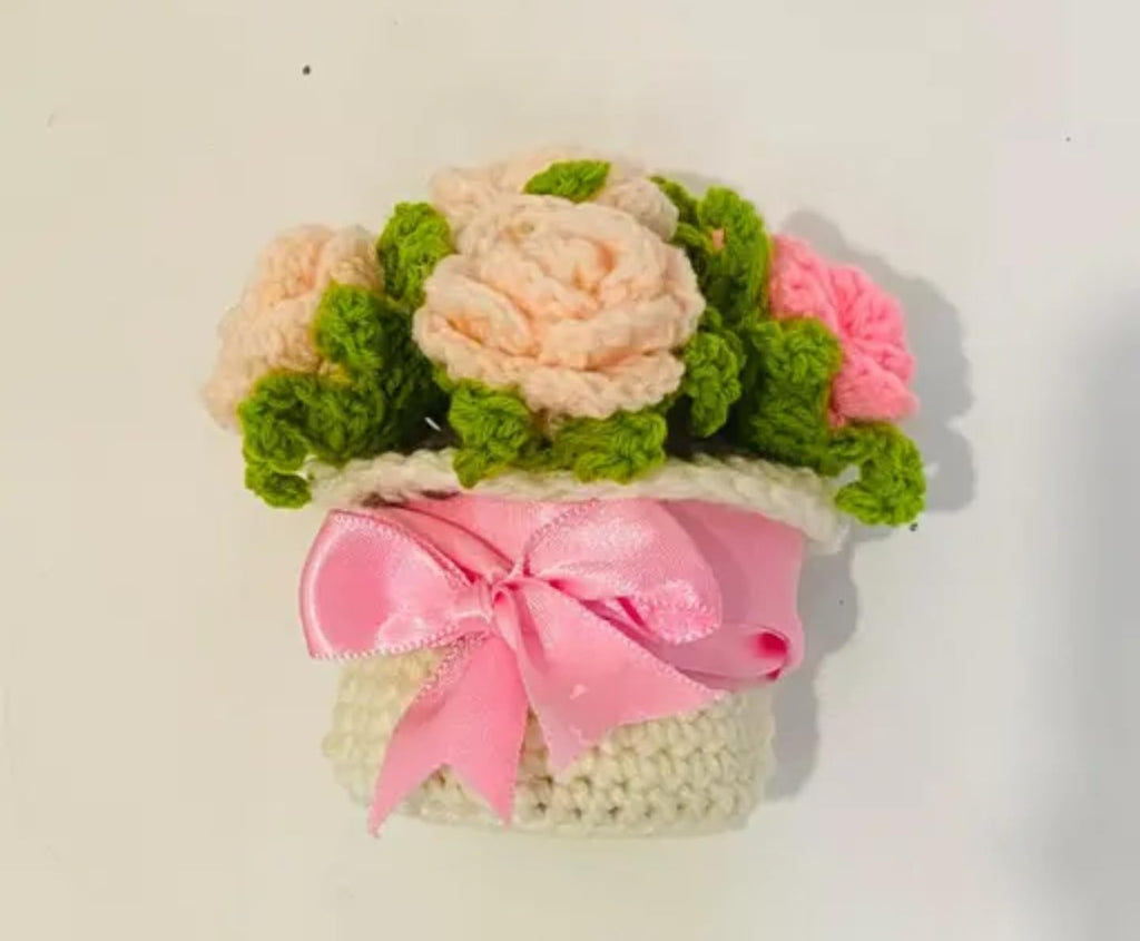 Handmade Crochet Baby Headband with Pink Bow, White Basket with Peach Roses, Green Leaves