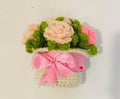 Handmade Crochet Baby Headband with Pink Bow, White Basket with Peach Roses, Green Leaves