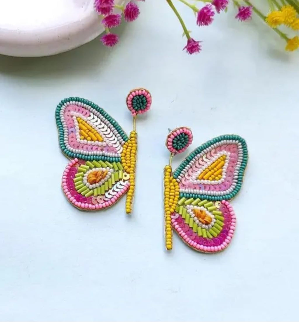 Beaded Butterfly Earrings, Multicolor, Handcrafted Statement Dangle, Pink Yellow Green Teal