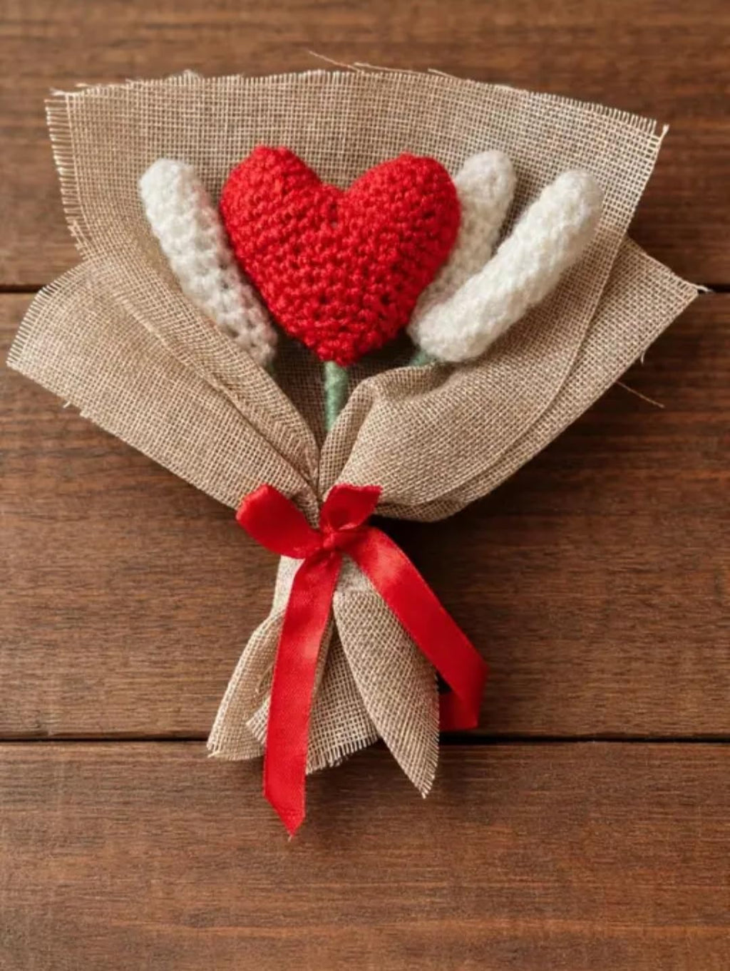 Handmade Crochet Love Bouquet, Red Heart with White Letters, Burlap Wrapped, Valentine's Day Gift