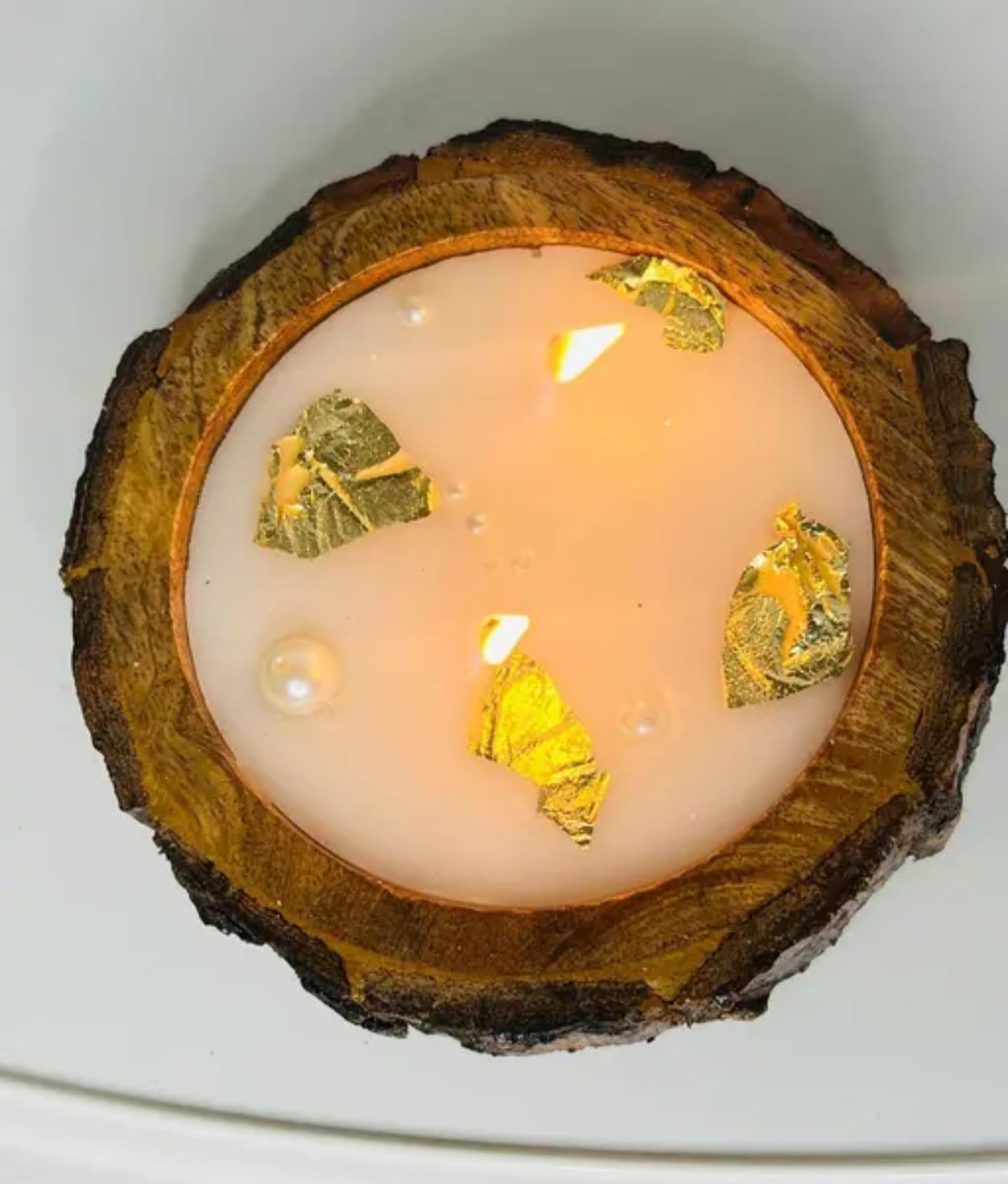 Rustic Wood Log Candle with Gold Accents, Natural Tree Bark Tealight Stand