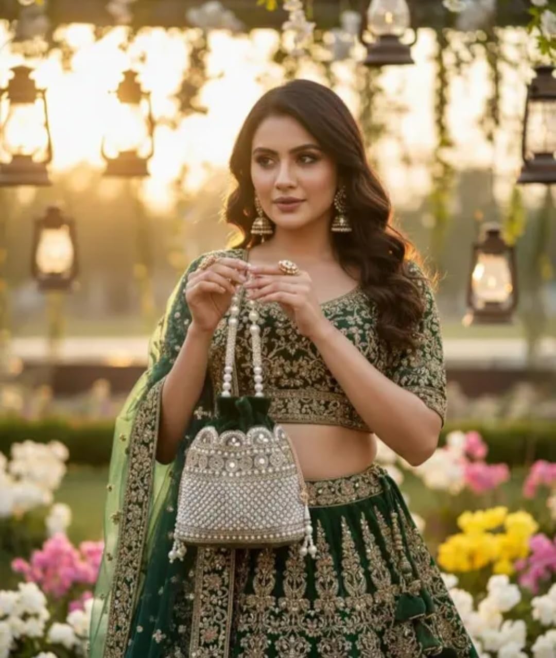 Embroidered Potlie Bag, Green Velvet with Pearl Beaded Handle, Bridal Clutch Purse