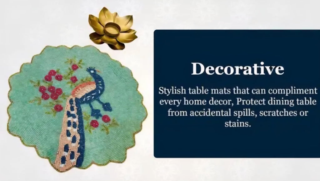 Beaded Placemat with Peacock Design, Green, Round Scalloped Edge, Floral Table Decor