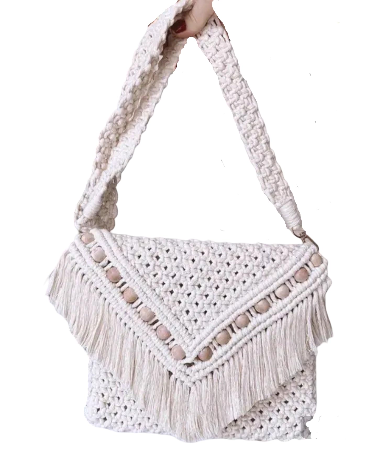 Handmade Macrame Shoulder Bag, Boho Fringe Design, Cotton Woven, Beaded Detail, White