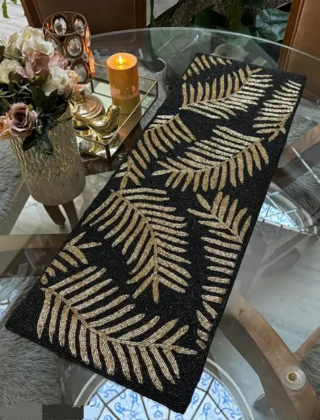 Beaded Table Runner, Black and Gold, Palm Leaf Pattern, Tropical Theme, Decorative Accent