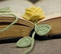 Crochet Flower Bookmark, Yellow and Green, Handmade Rose with Leaves, Book Accessory, Set of 2