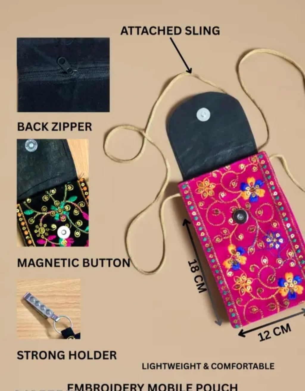 Embroidered Floral Mobile Pouch, Boho Indian Style, Multicolor, with Clip Hook, Set of 2