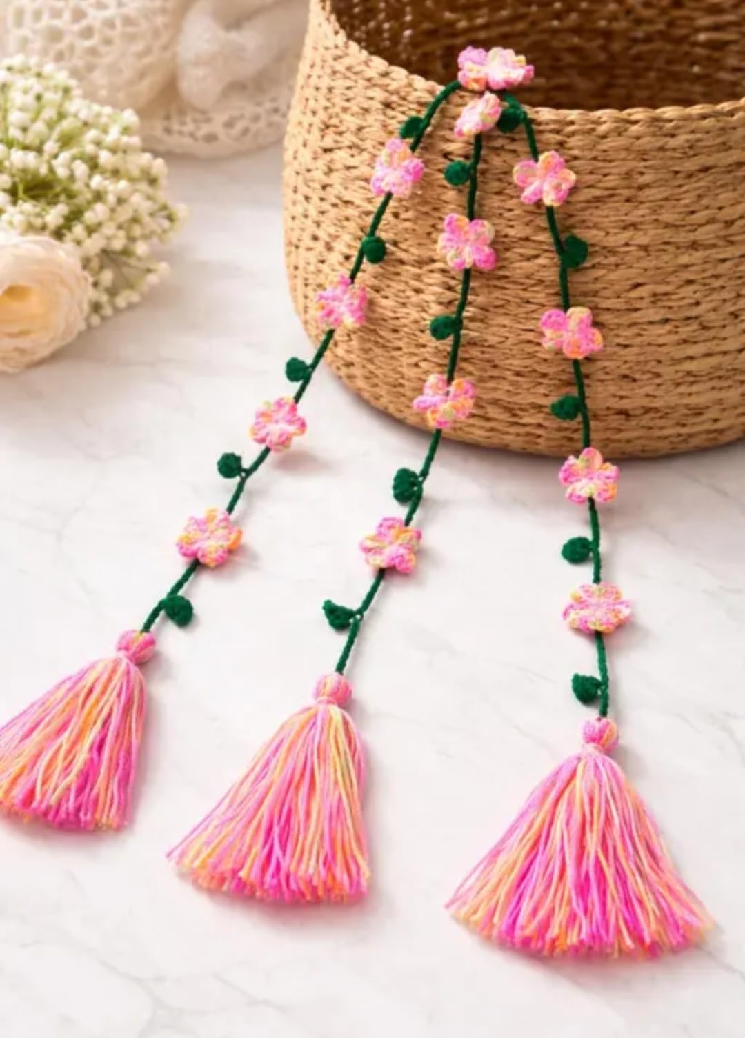 Floral Braid Hair Accessory with Pink Flowers, Green Yarn, Tassels, Festive Indian Style