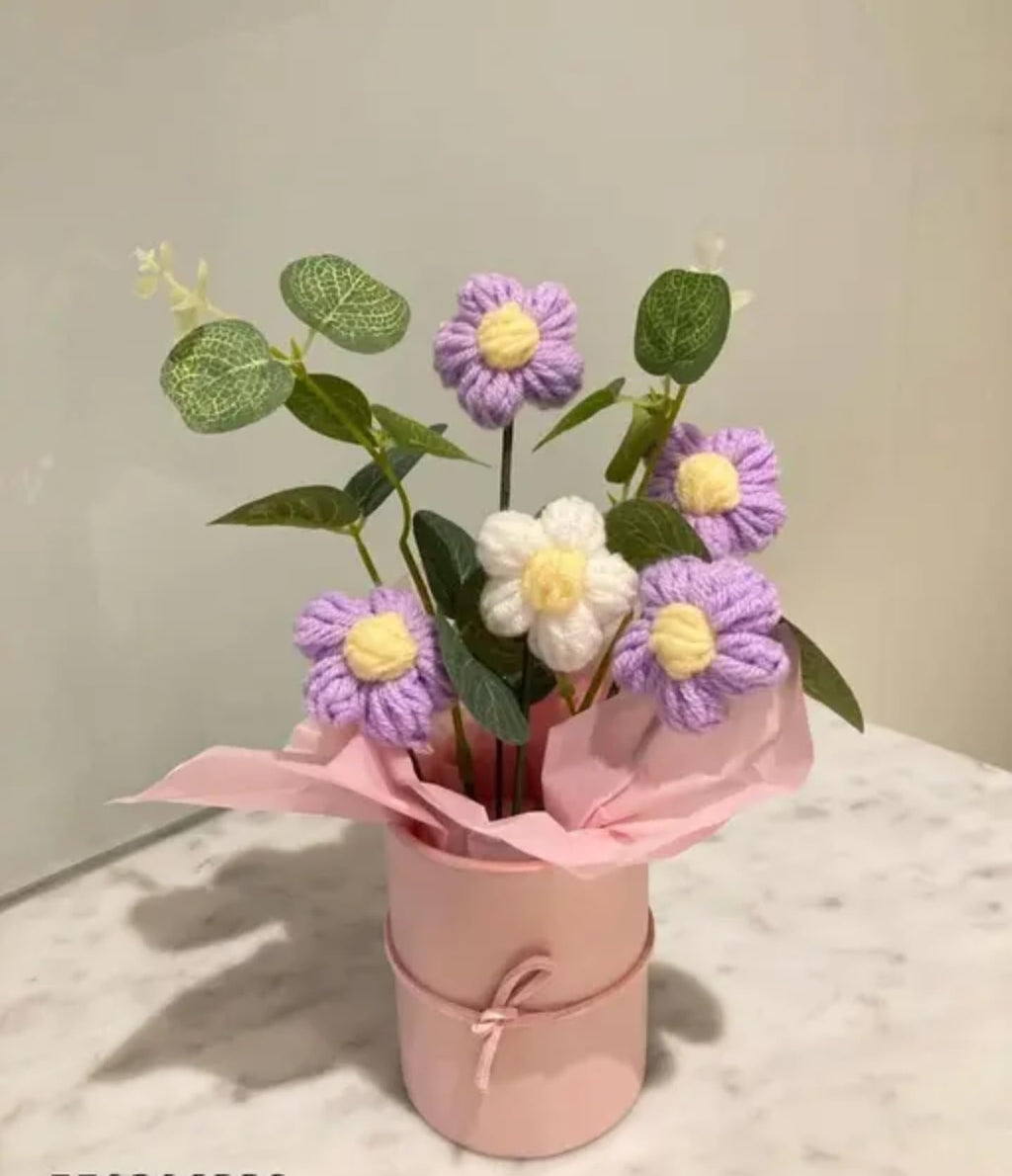 Handcrafted Crochet Flower Bouquet, Purple and White Daisies with Green Leaves in Pink Vase, Decorative Artificial Floral Arrangement