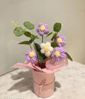 Handcrafted Crochet Flower Bouquet, Purple and White Daisies with Green Leaves in Pink Vase, Decorative Artificial Floral Arrangement