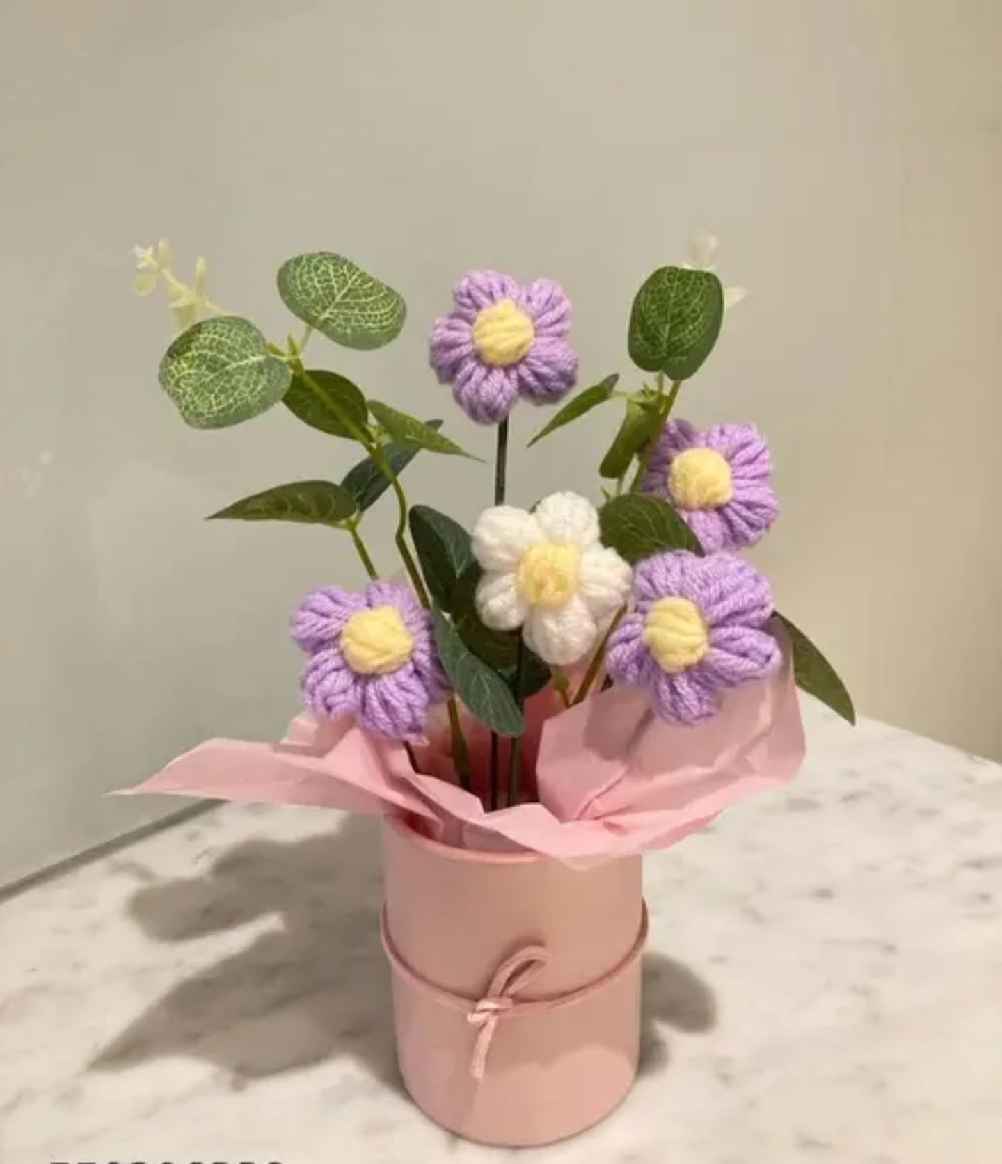 Handcrafted Crochet Flower Bouquet, Purple and White Daisies with Green Leaves in Pink Vase, Decorative Artificial Floral Arrangement