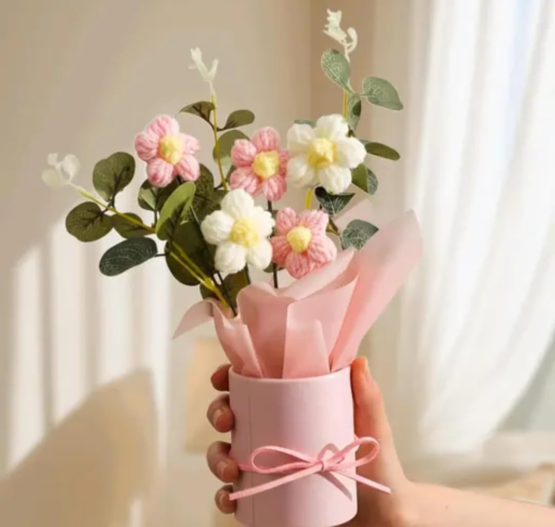 Artificial Flower Bouquet with Pink Vase, Handmade Crochet Roses and Daisies, Pink and White, Home Decor