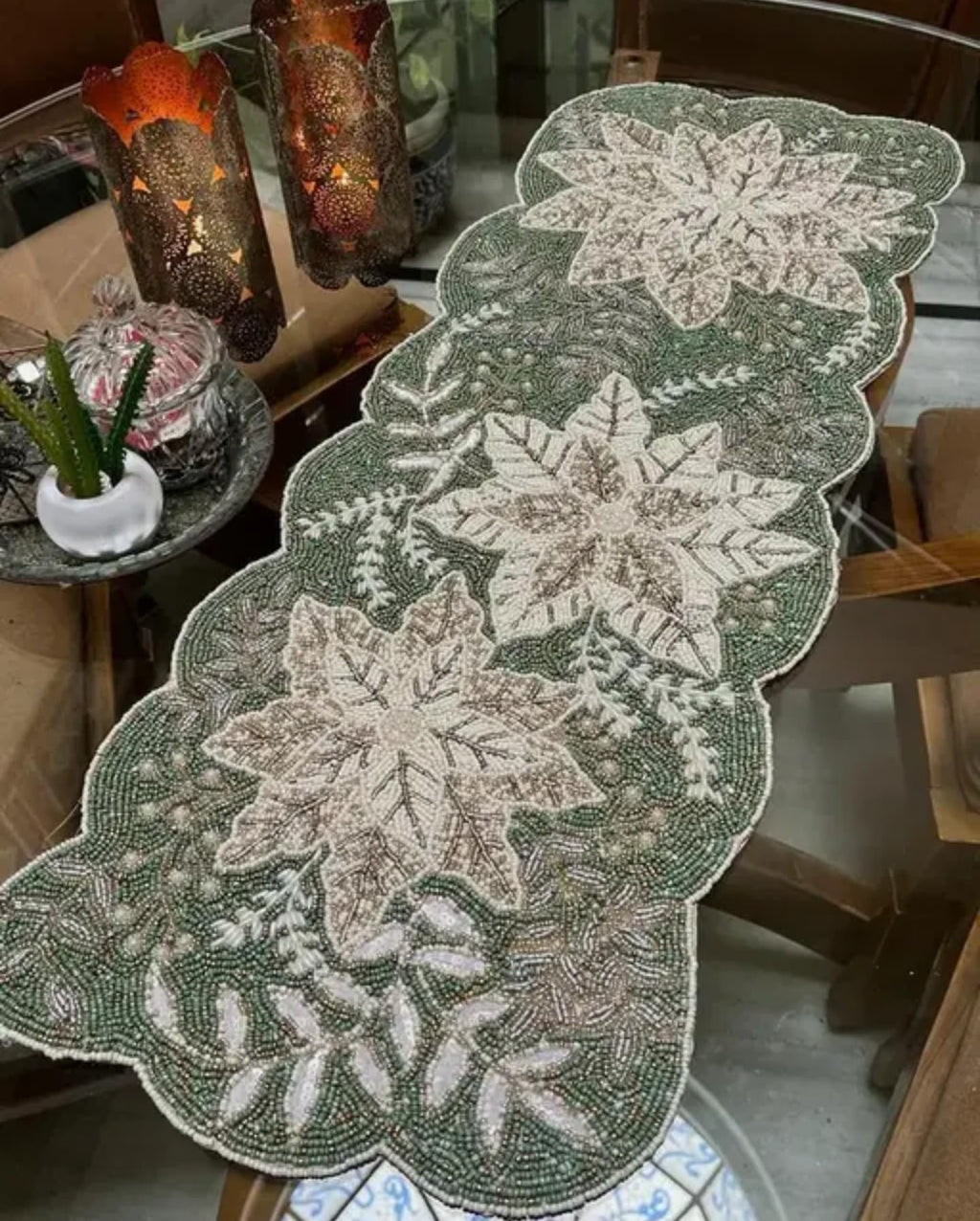 Beaded Table Runner, Green and White Snowflake Pattern, Scalloped Edge, Winter Holiday Decor