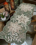 Beaded Table Runner, Green and White Snowflake Pattern, Scalloped Edge, Winter Holiday Decor