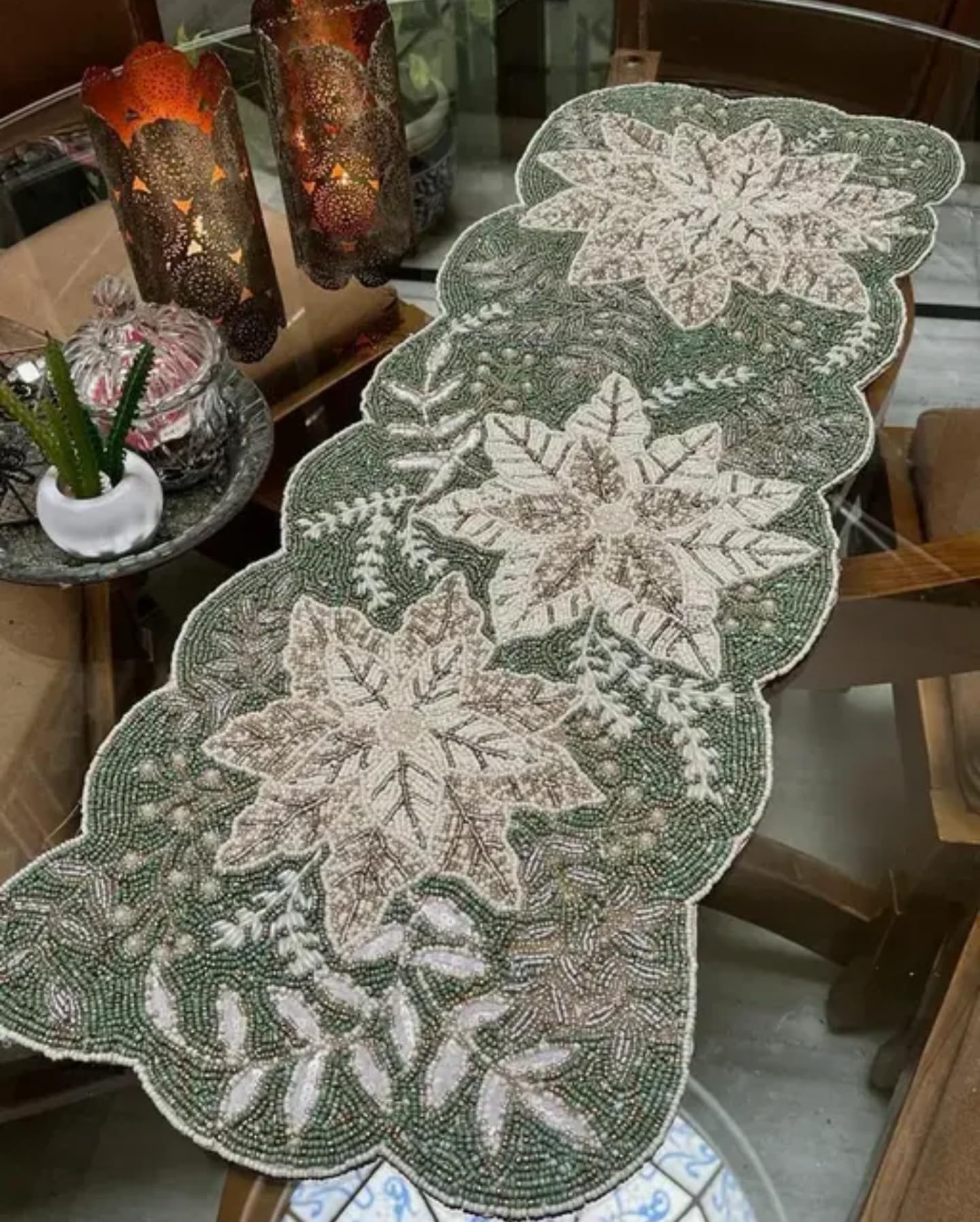 Beaded Table Runner, Green and White Snowflake Pattern, Scalloped Edge, Winter Holiday Decor