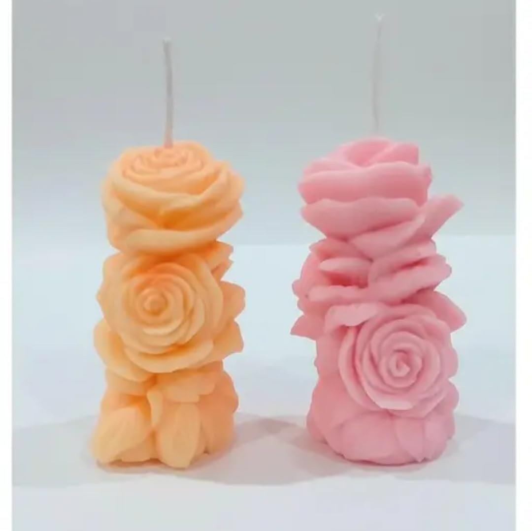 Decorative Rose Candles, Stacked Flower Design, Pink and Peach, Set of 2