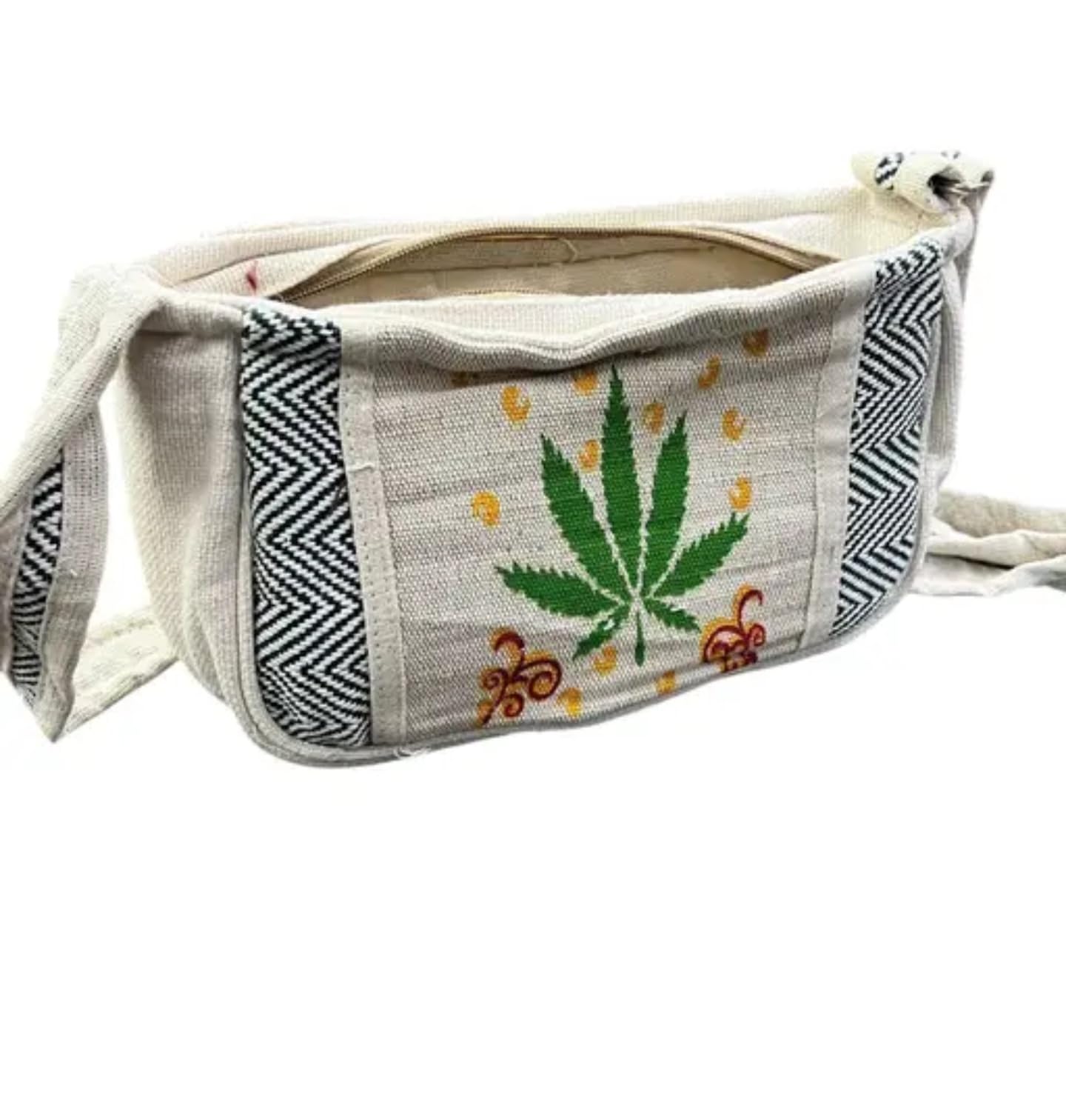 Handmade jute bag,Canvas Tote Bag with Leaf Print and Chevron Pattern, White and Black
