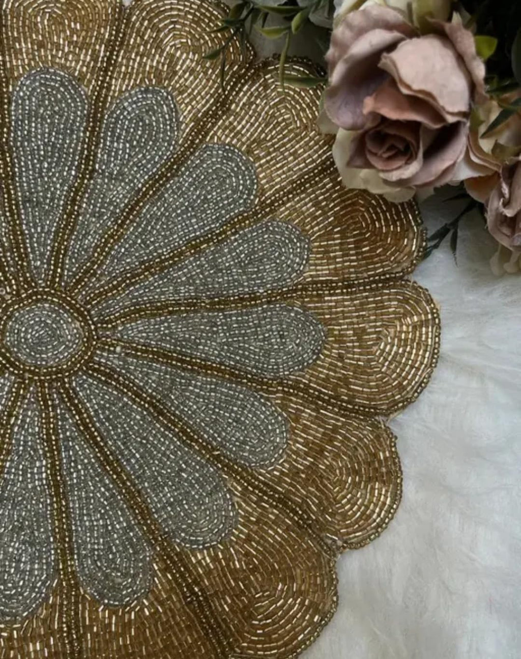 Beaded Floral Round Placemat, Gold and Silver, Scalloped Edge, Handcrafted Table Decor