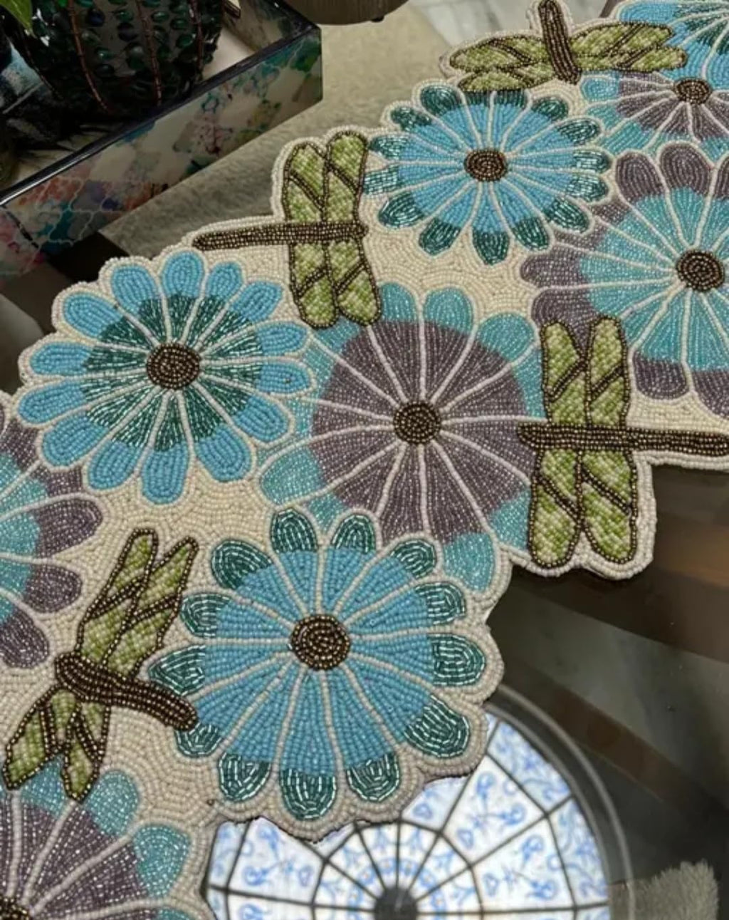 Beaded Table Runner with Floral and Dragonfly Design, Blue and Purple, Handcrafted