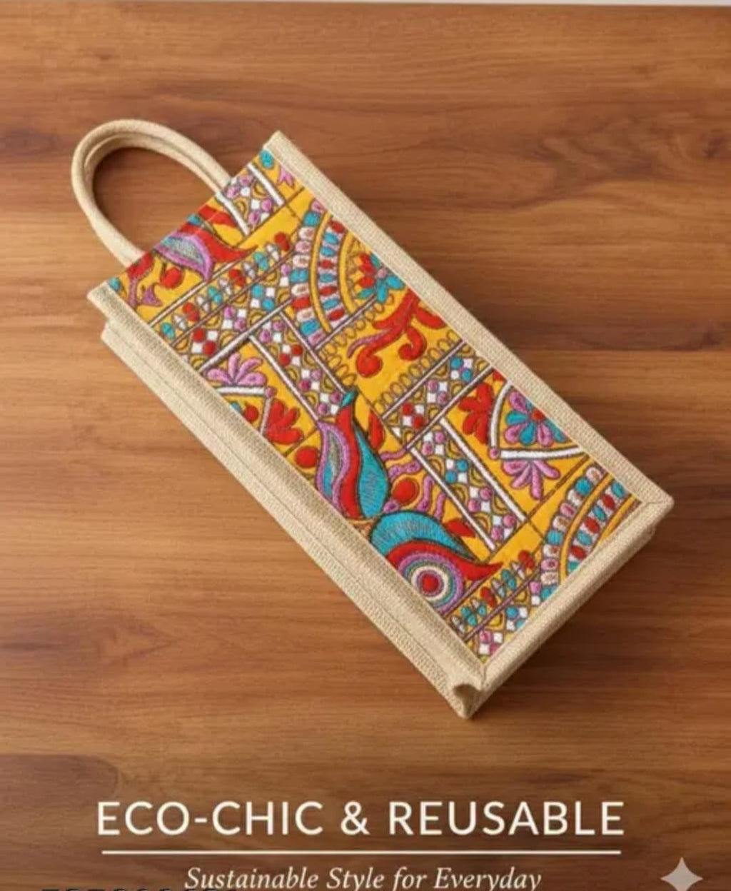 Jute Bottle Bag with Colorful Embroidered Floral Print, Reusable Tote with Rope Handles