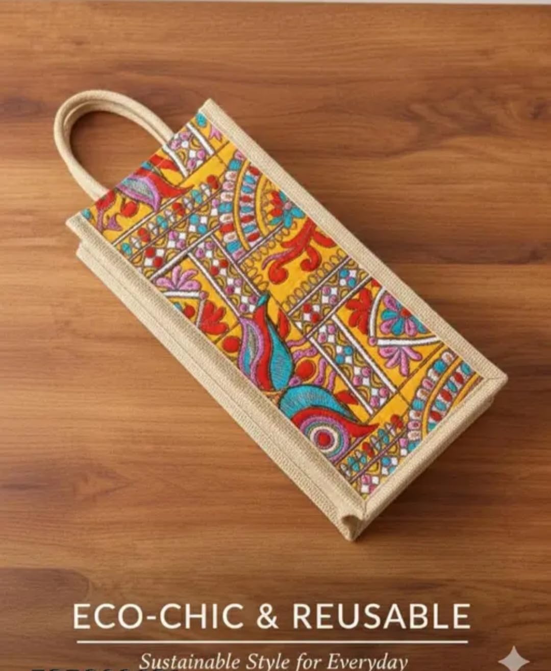 Jute Bottle Bag with Colorful Embroidered Floral Print, Reusable Tote with Rope Handles
