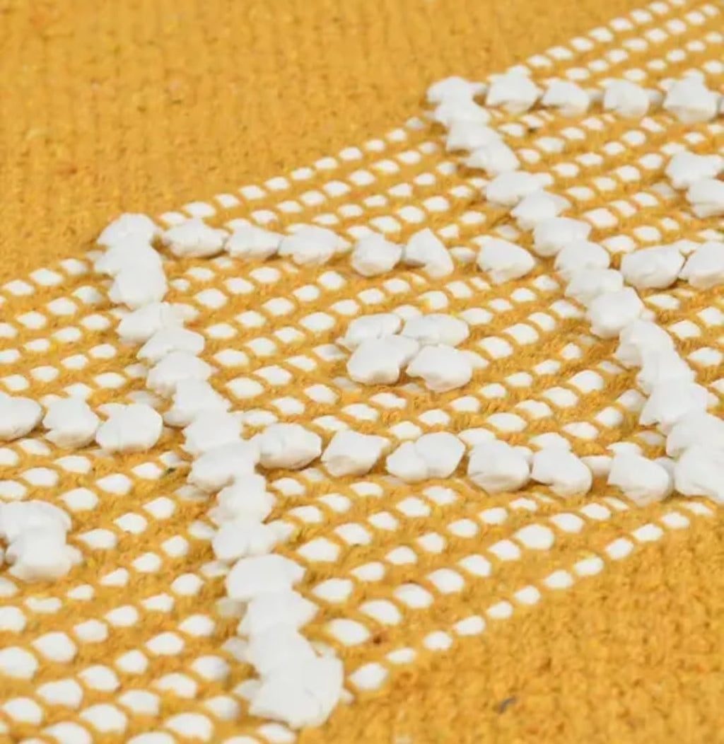 Table Runner with Tassels, Yellow and White Geometric Diamond Pattern, Cotton Woven