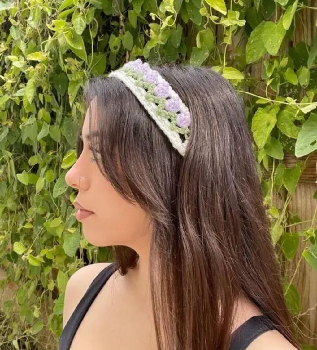 Crochet Floral Headband, Lavender and Green, Handmade Hair Accessory, Boho Style