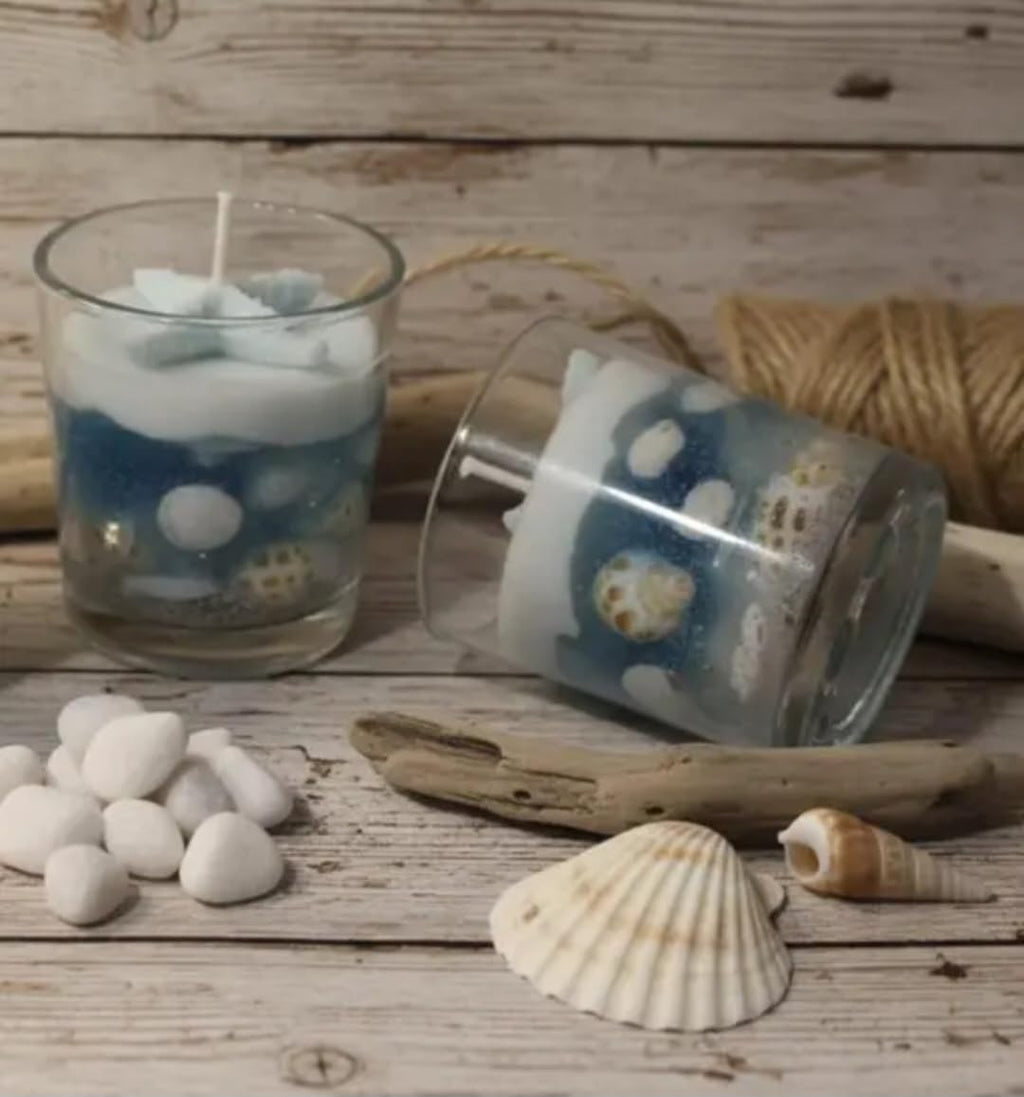 Ocean Themed Candles with Seashells, Blue and White Swirl, Glass Jar