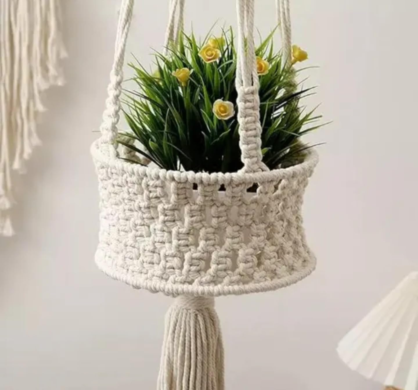 Macrame Plant Hanger with Decorative Basket, White Cotton Rope, Floral Design