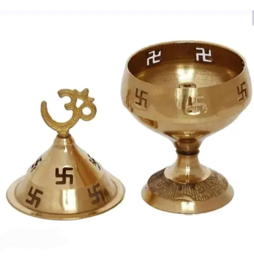 Traditional Brass Decorative Religious Incense Holder, Gold, Om Symbol Finial, Domed Pedestal Design