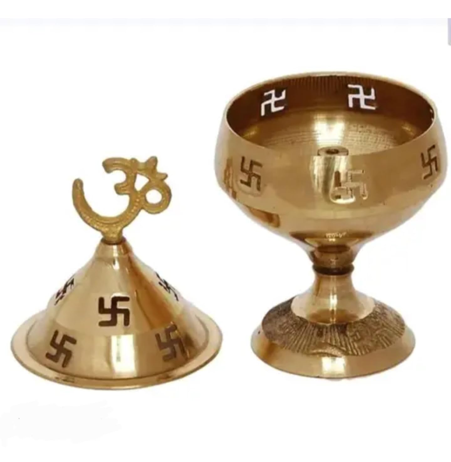Traditional Brass Decorative Religious Incense Holder, Gold, Om Symbol Finial, Domed Pedestal Design