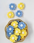 Decorative Daisy Floating Candles, Blue and Yellow, Set of 10 with Gold Basket