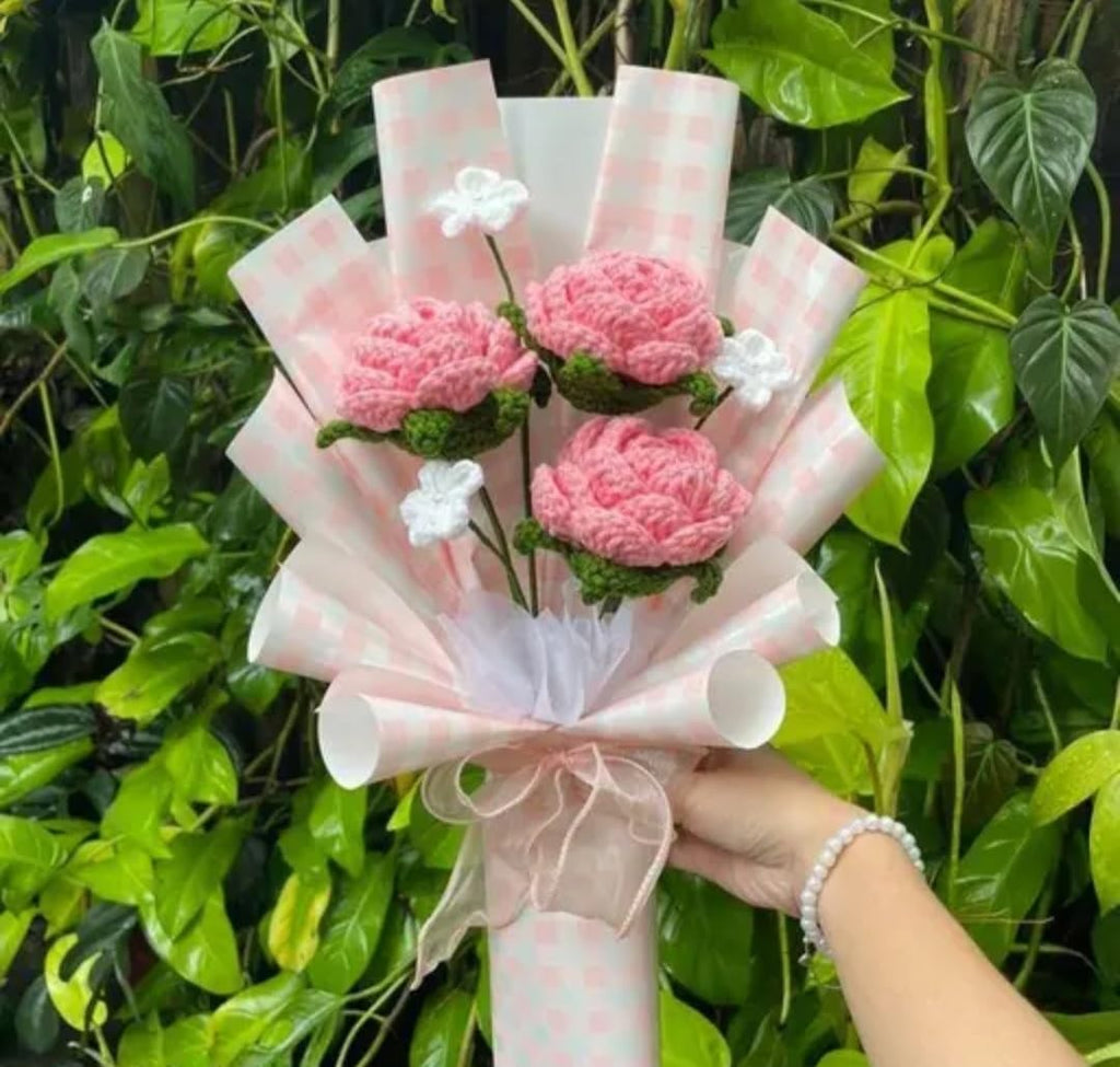 Handmade Crochet Flower Bouquet, Pink Carnations with Green Stems, Gift Wrapped with Pink Ribbon