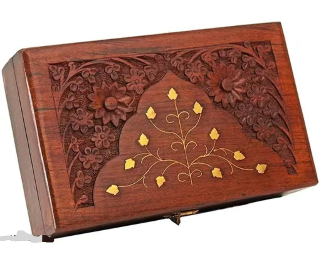 Handcrafted Wooden Jewelry Box with Carved Floral Design, Rosewood Storage Box with Brass Inlay, Gold Metal Latch, Traditional Style