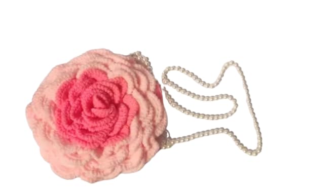 Crochet Rose Shaped Bag, Pink, Yarn, Pearl Chain Strap, Floral Clutch Purse
