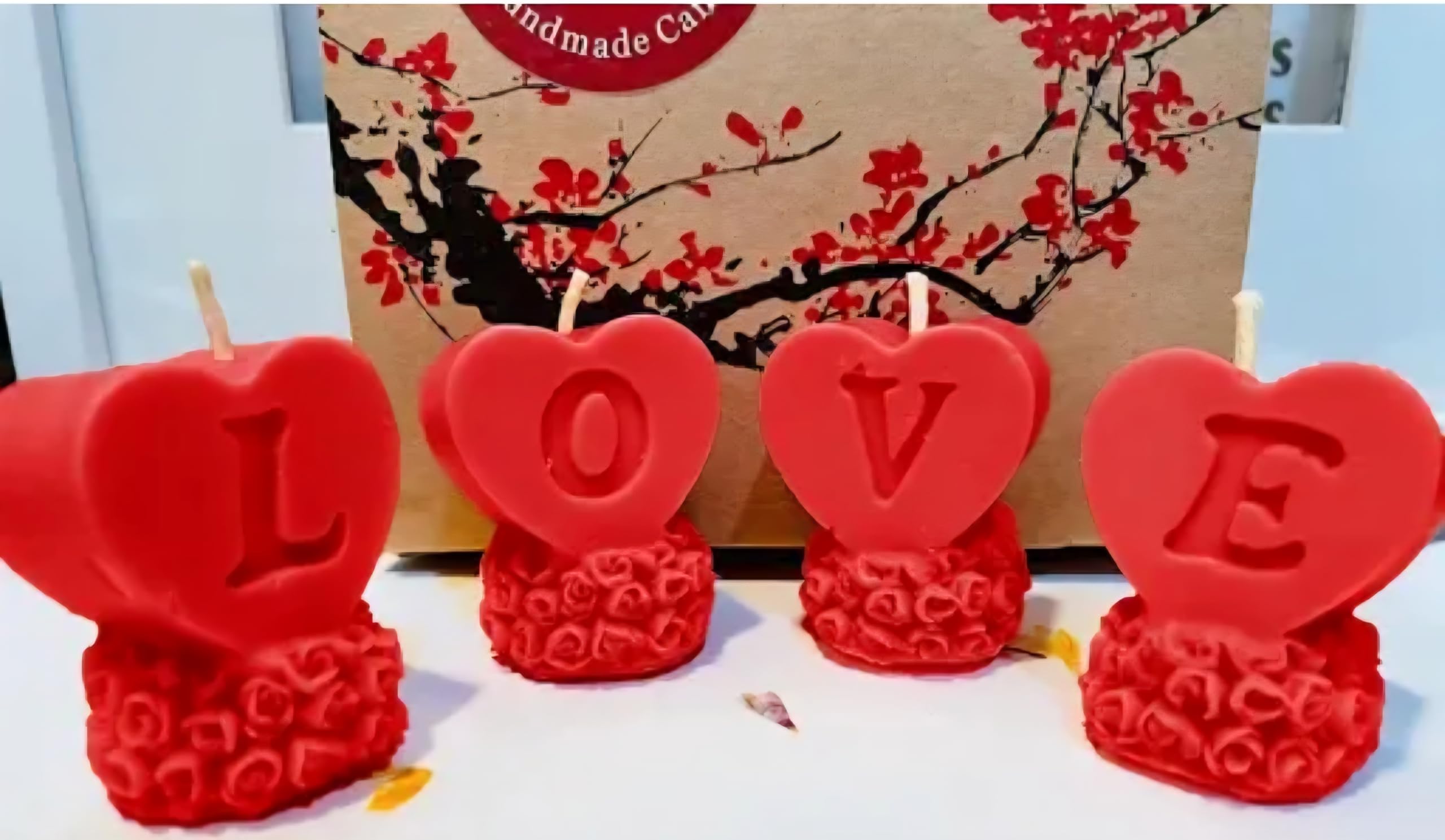Valentine's Day Heart Shaped Candles, Love Letters Design, Red and Pink, Set of 4, Fancy Candle, Scented Candle, Decorative