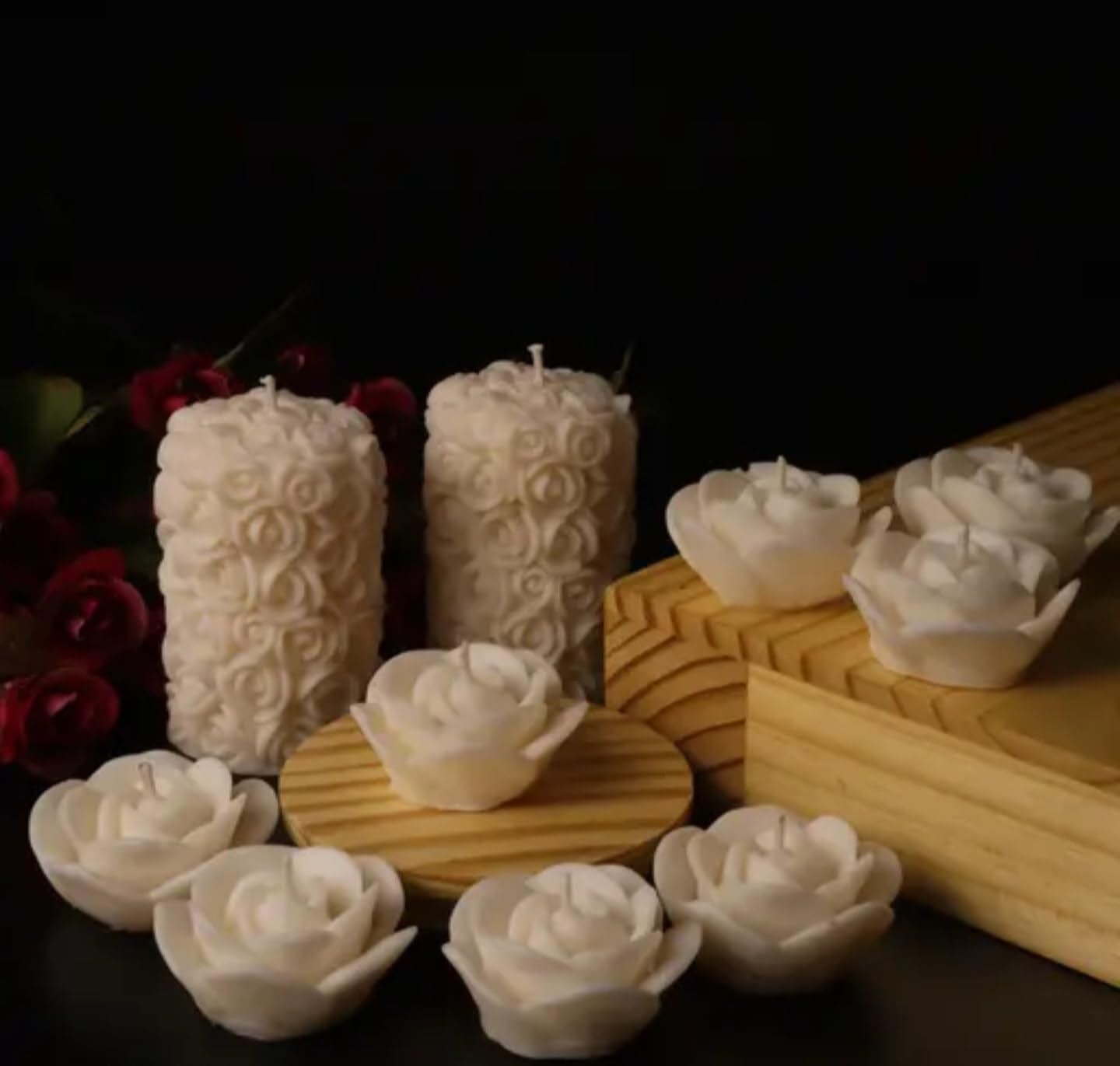 Decorative White Rose Wax Candles Set, Floral Design, Handcrafted