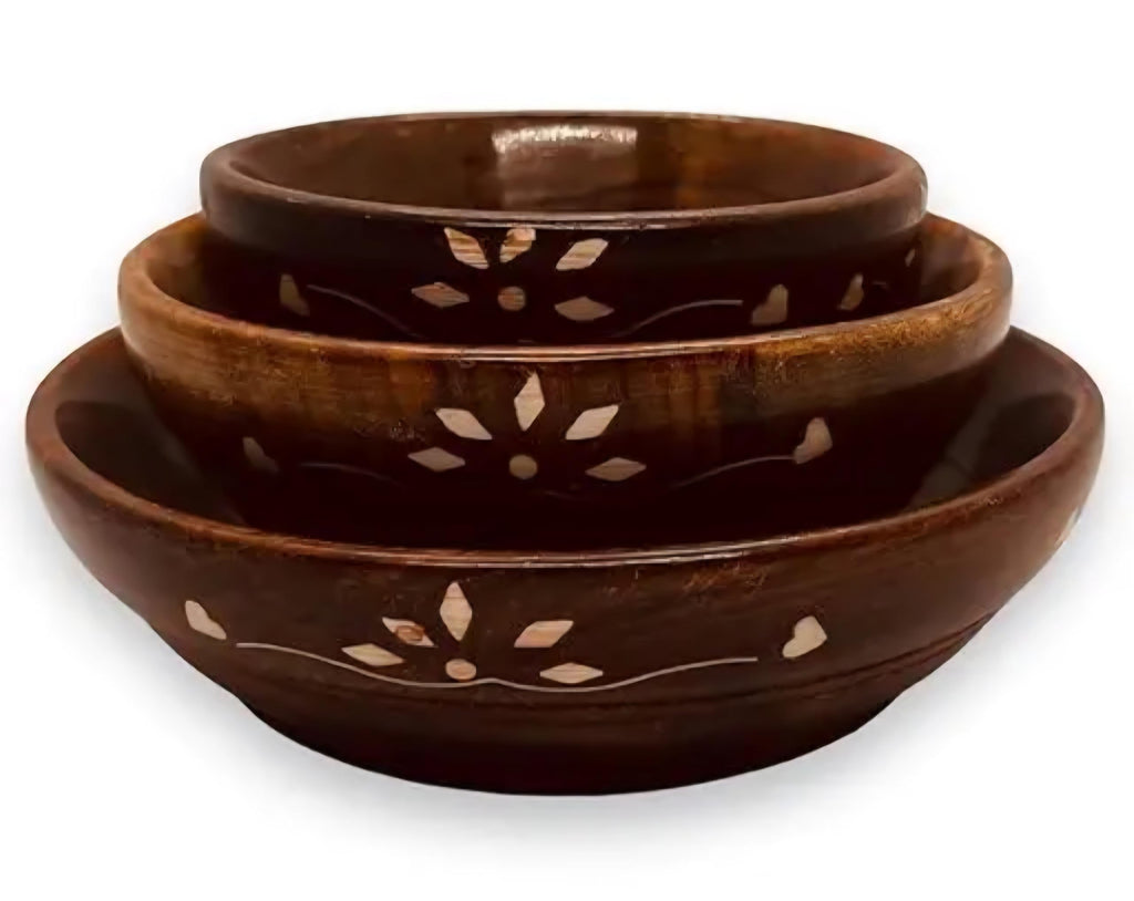 Wooden Serving Bowls Set of 3, Brown Natural Wood Finish, Round Nesting Bowls