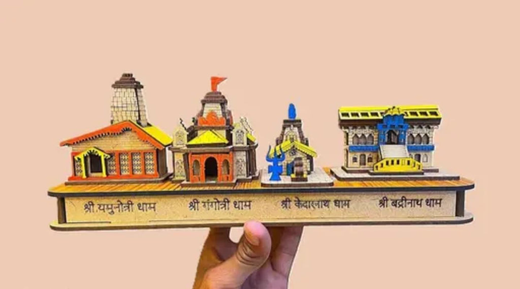 Handcrafted Wooden Char Dham Temple Model Set, Traditional Indian Religious Architecture, Orange and Yellow, Decorative Display Piece
