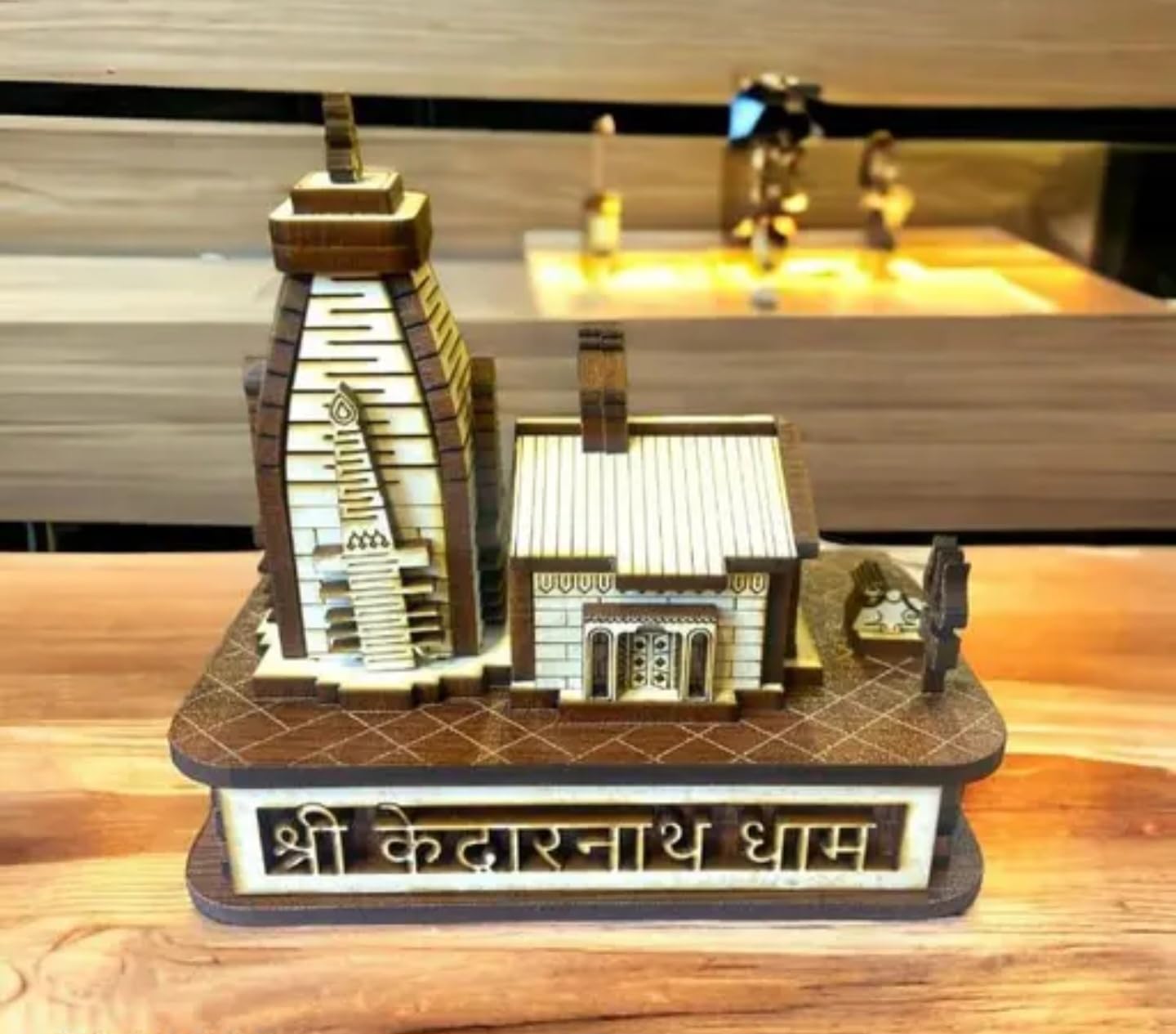 Handcrafted Wooden Temple Model, Traditional Kedarnath Dham Design, Decorative Religious Architecture Display, Brown and White