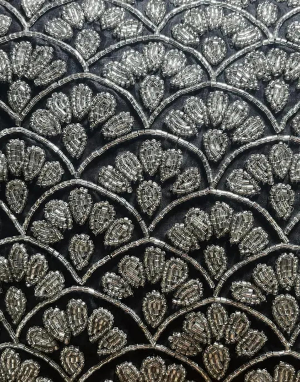 Decorative Throw Pillow Cover, Black and Silver, Beaded Embroidered Scallop Floral Pattern, Luxury Home Decor Cushion Cover, Handmade Cushion Cover