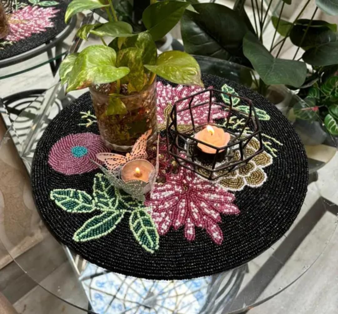 Beaded Round Placemat, Black Floral Design, Handcrafted Seed Bead, Botanical Table Decor