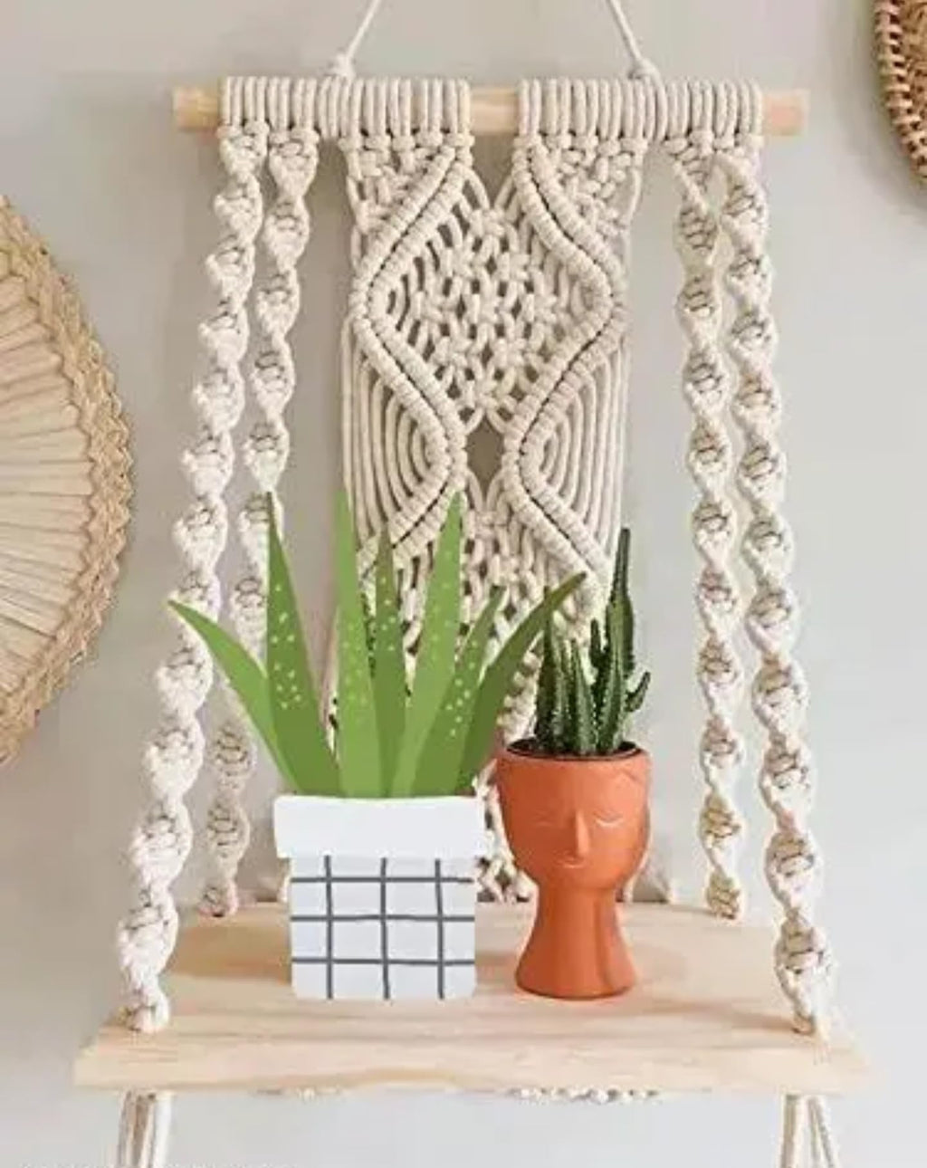 Handcrafted Macrame Wall Shelf, Wooden Hanging Swing Shelf with Decorative Rope Pattern, Natural Cotton and Pine Wood