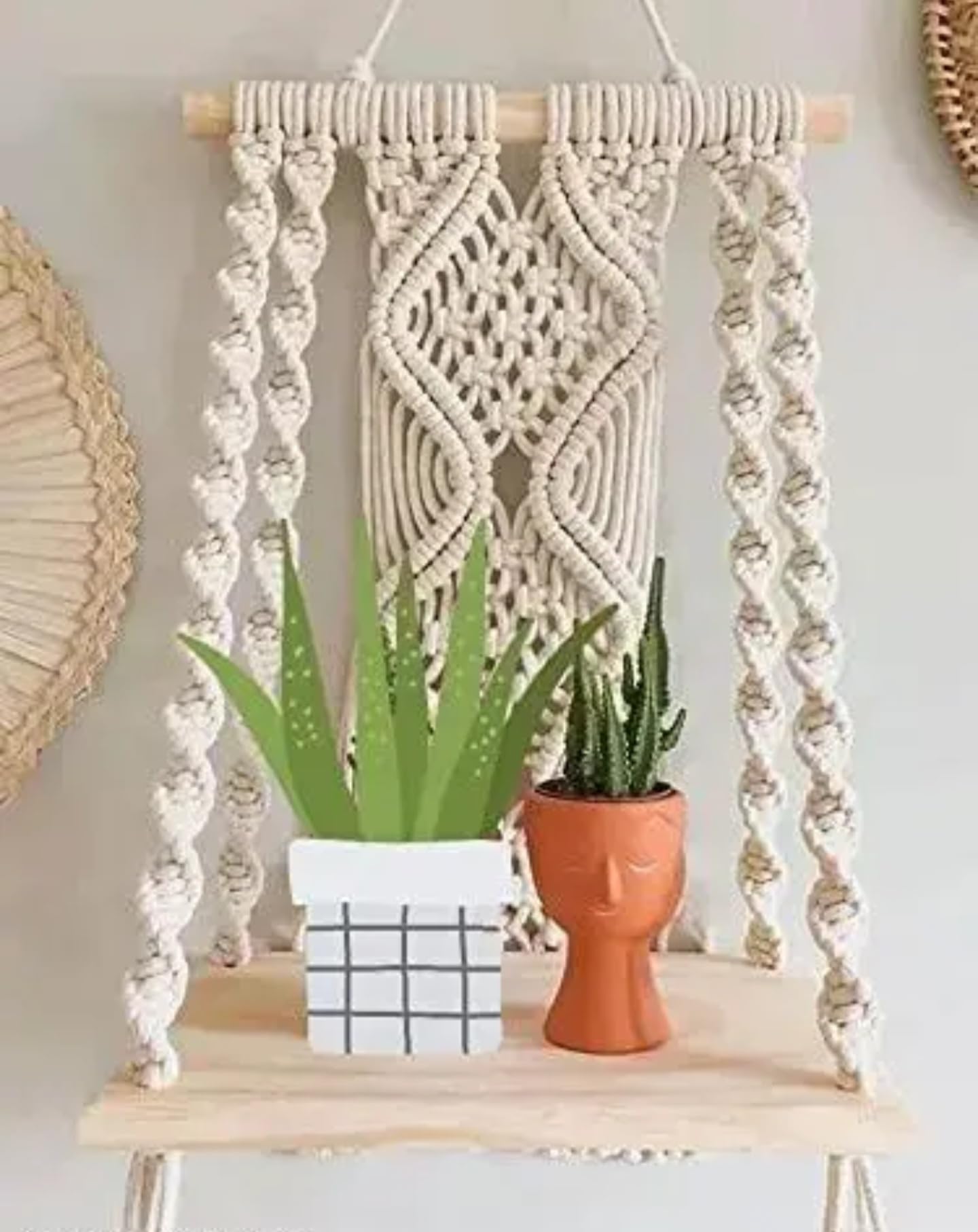Handcrafted Macrame Wall Shelf, Wooden Hanging Swing Shelf with Decorative Rope Pattern, Natural Cotton and Pine Wood